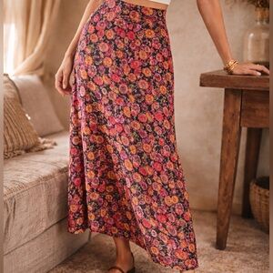 Vtg 1990s Laura Ashley Orange Black Floral Viscose Midi Skirt Made in U.K. Sz 4